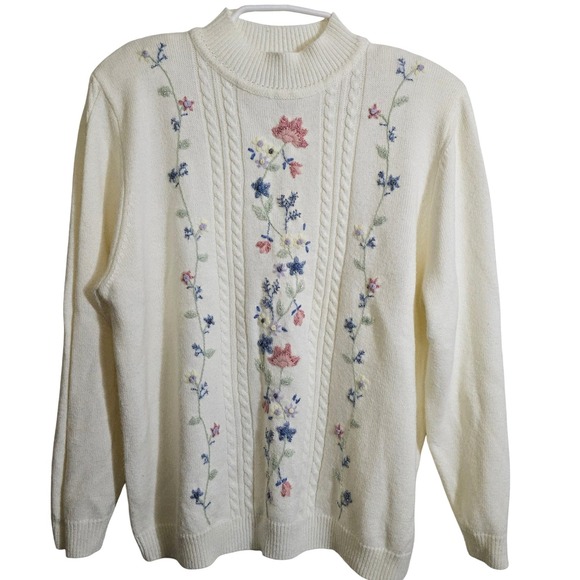Alfred Dunner Vintage Cream Floral Embroidered Cable Knit Mock Neck Sweater 1X - Picture 1 of 8